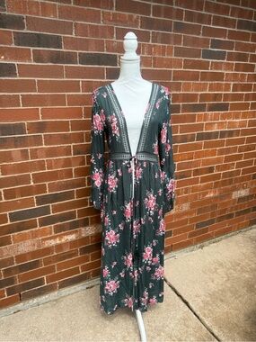Oddy NWT Floral Boho Maxi Kimono Duster Crochet Trim Bell Sleeve Small